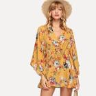 Shein Drawstring Waist Botanical Wrap Dress