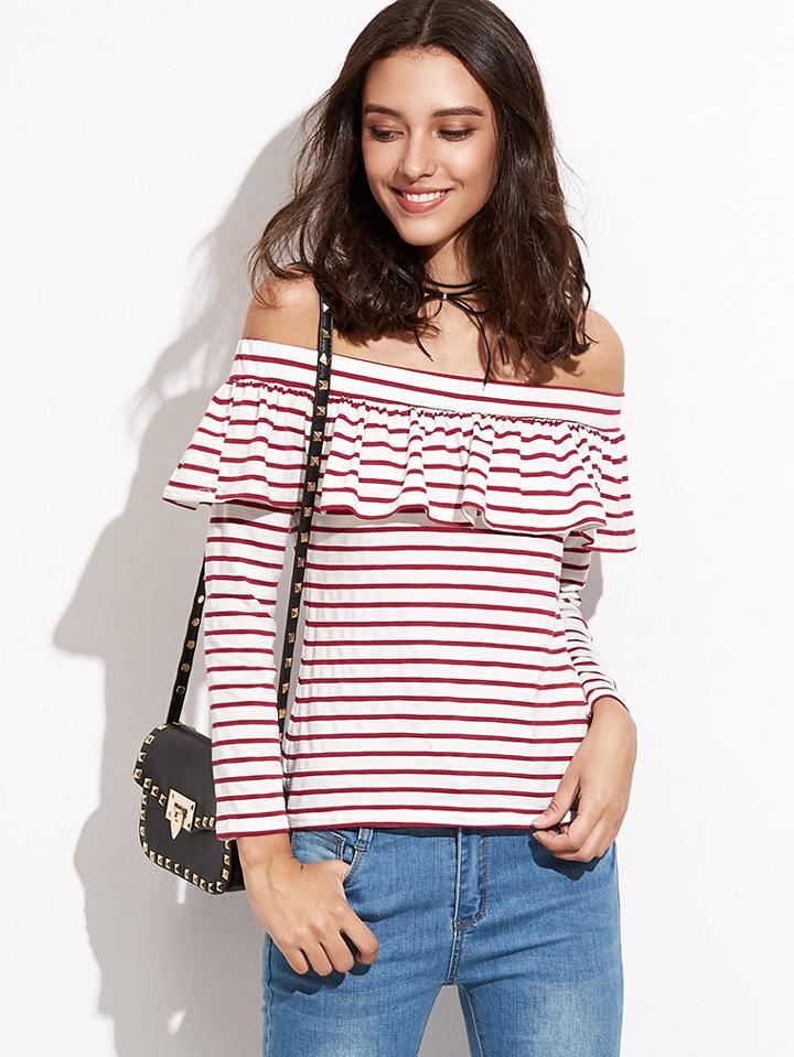 Shein Contrast Striped Off The Shoulder Ruffle T-shirt