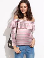 Shein Contrast Striped Off The Shoulder Ruffle T-shirt