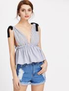 Shein Tie Shoulder Striped Plunging Peplum Top