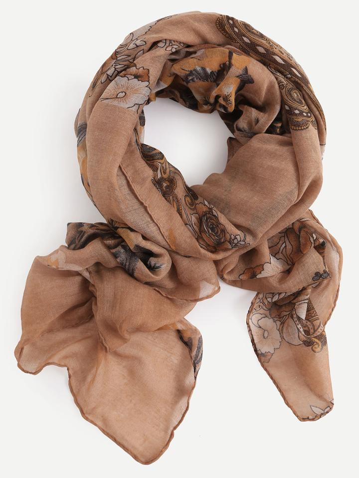 Shein Brown Floral Print Voile Scarf