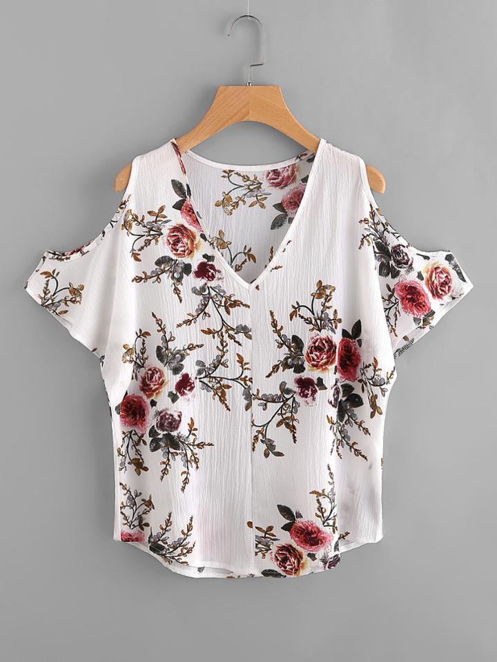 Shein V Neckline Open Shoulder Florals Blouse