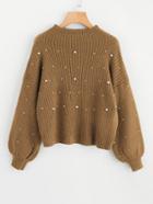 Shein Pearl Beading Lantern Sleeve Ribbed Sweater