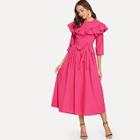 Shein Buttoned Neck Ruffle Trim Belted Dress