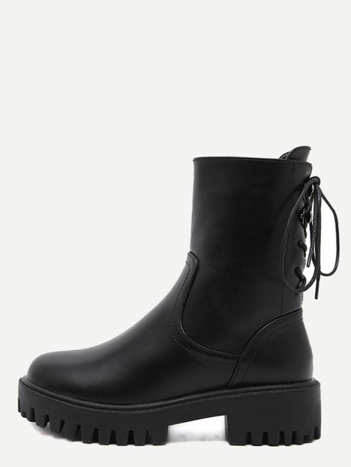 Shein Black Pu Lace Up Mid Calf Platform Boots