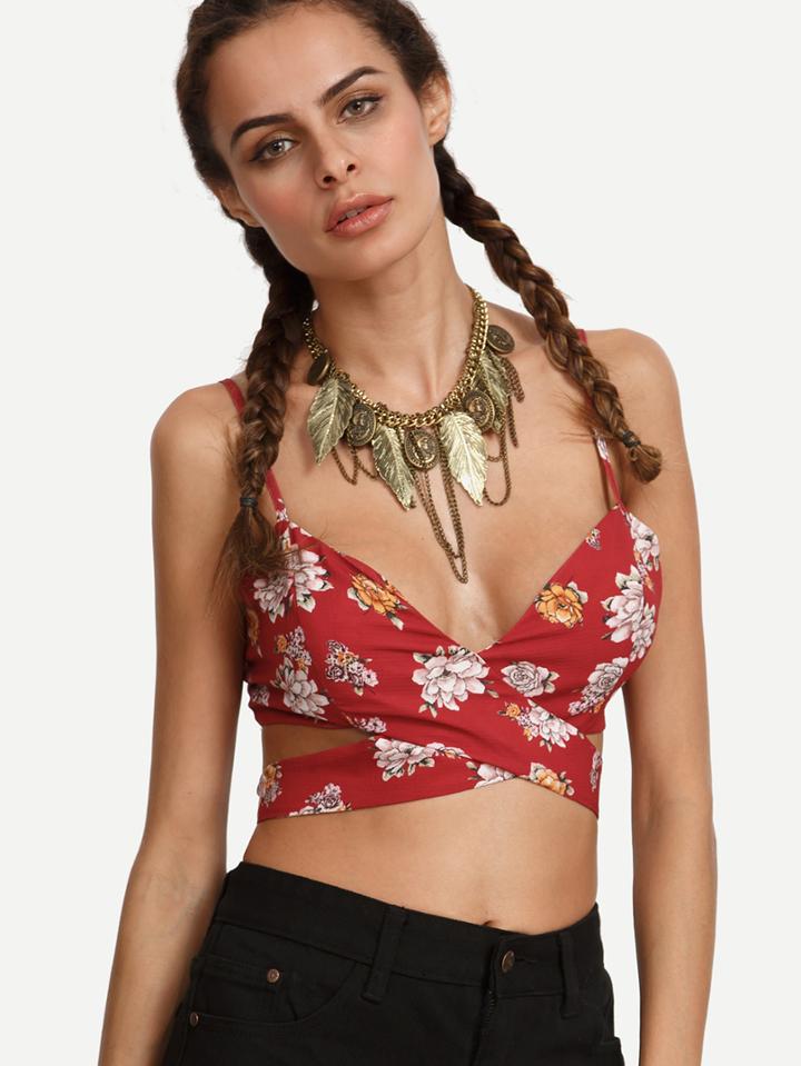 Shein Multicolor Floral Crisscross Tie Back Cami Top