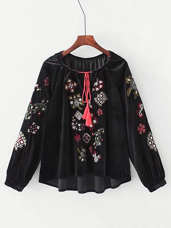 Shein Tie Neck Embroidered Velvet Blouse