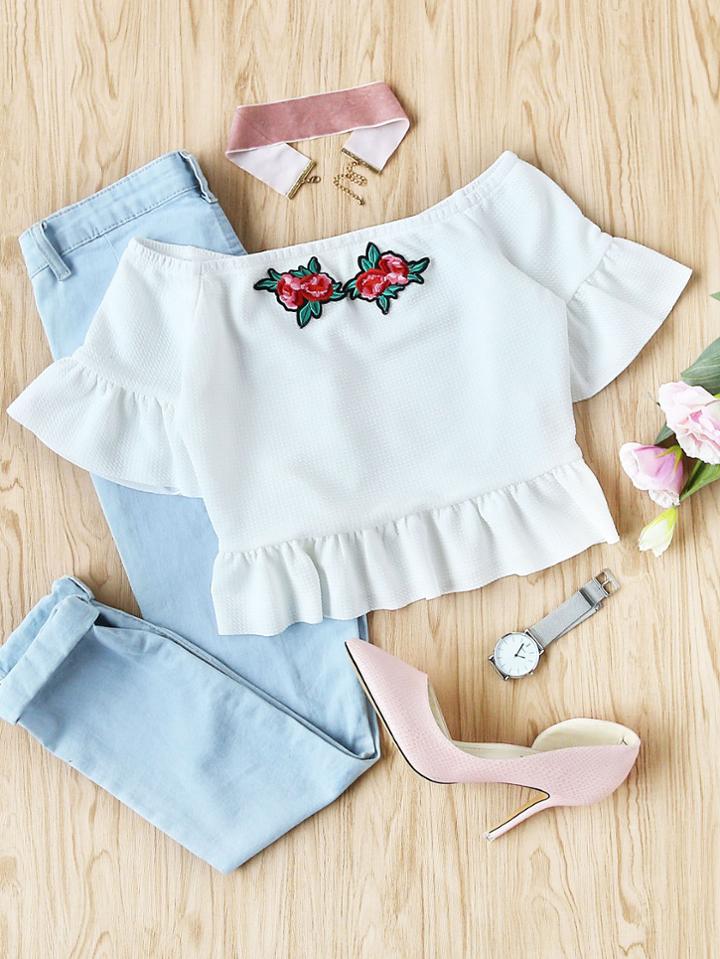 Shein Embroidered Rose Applique Textured Bardot Top