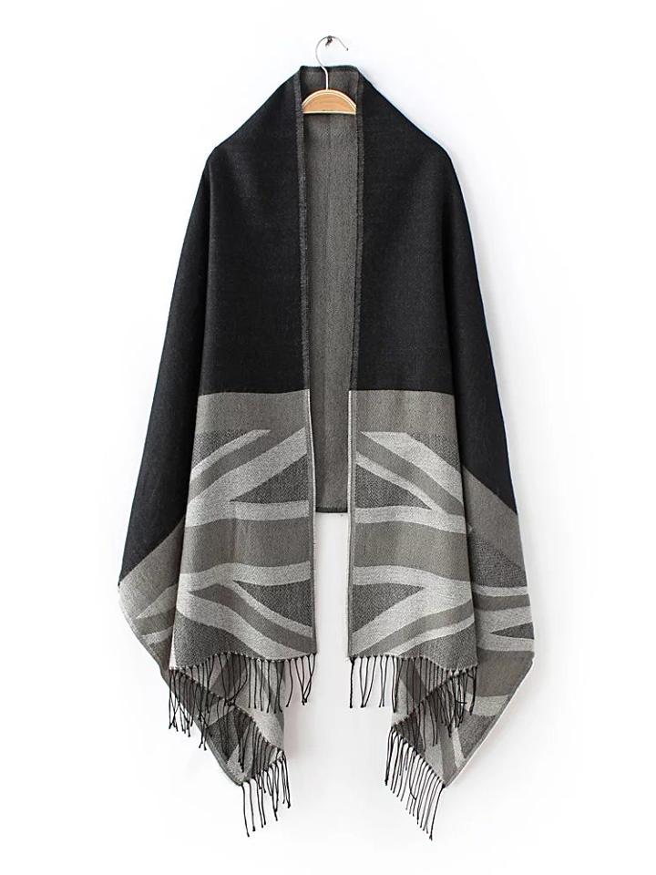 Shein Black And Grey Union Jack Fringe Shawl Scarf