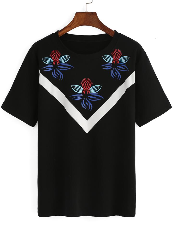 Shein Black Crew Neck Short Sleeve Floral T-shirt