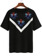 Shein Black Crew Neck Short Sleeve Floral T-shirt