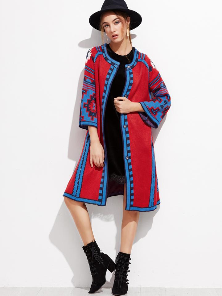 Shein Red Geometric Print Hidden Button Sweater Coat