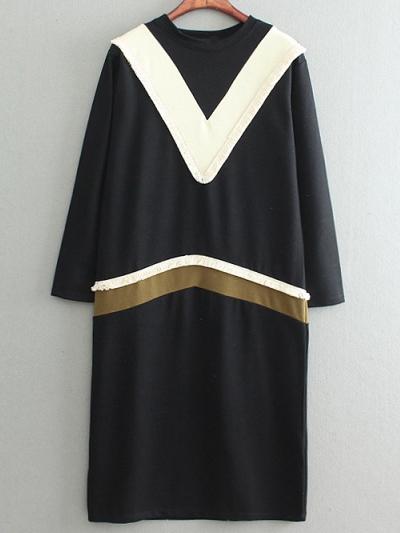 Shein Colour-block Crew Neck Tassel Dress
