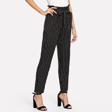 Shein Belted Waist Pocket Ruffle Striped Pants