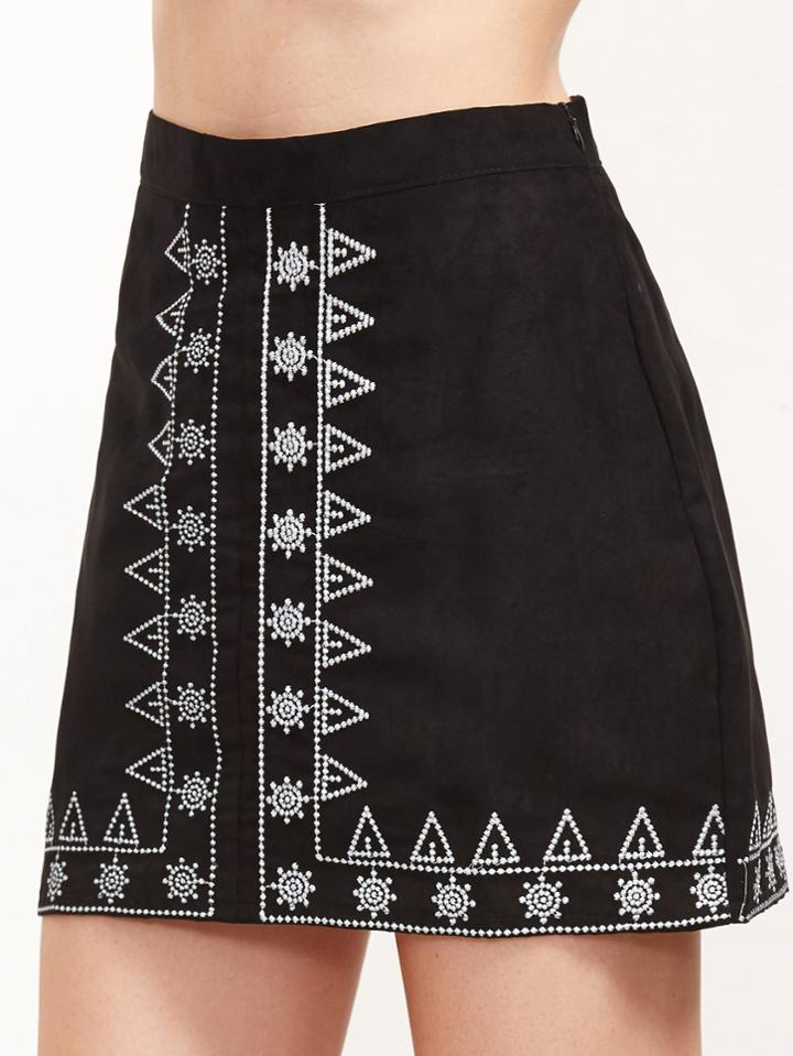 Shein Black Embroidered A-line Skirt