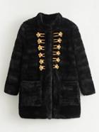 Shein Faux Pearl Button Faux Fur Longline Coat