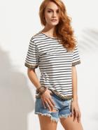 Shein Black And White Striped Applique Trim T-shirt