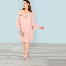 Shein Plus Embroidered Mesh Insert Pleated Sleeve Bardot Dress