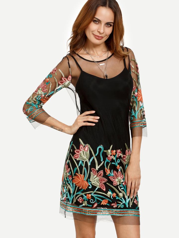 Shein Embroidered Mesh Top Dress With Underwear Cami Top