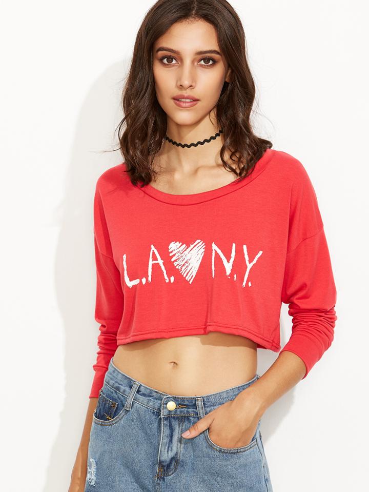 Shein Pink Letter Print Drop Shoulder Crop Sweatshirt