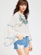 Shein Flute Sleeve Keyhole Back Embroidered Top