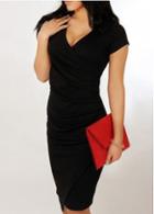 Rosewe Elegant V Neck Short Sleeve Woman Dress Black