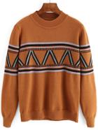 Shein Khaki Crew Neck Geometric Pattern Sweater