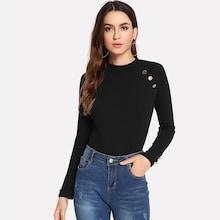 Shein Ribbed Knit Button Mock Neck Tee