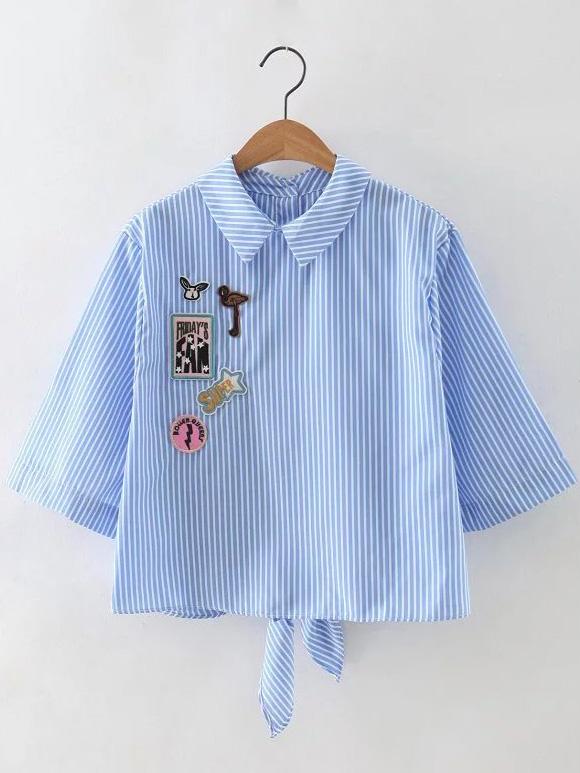 Shein Stripe Knotted Back Applique Blouse