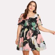 Shein Plus Open Shoulder Drawstring Floral Dress