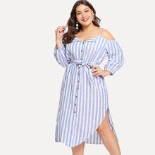 Shein Plus Cold Shoulder Self Tie Waist Striped Dress