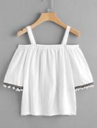Shein Open Shoulder Shirred Embroidered Pom Pom Cuffs Blouse