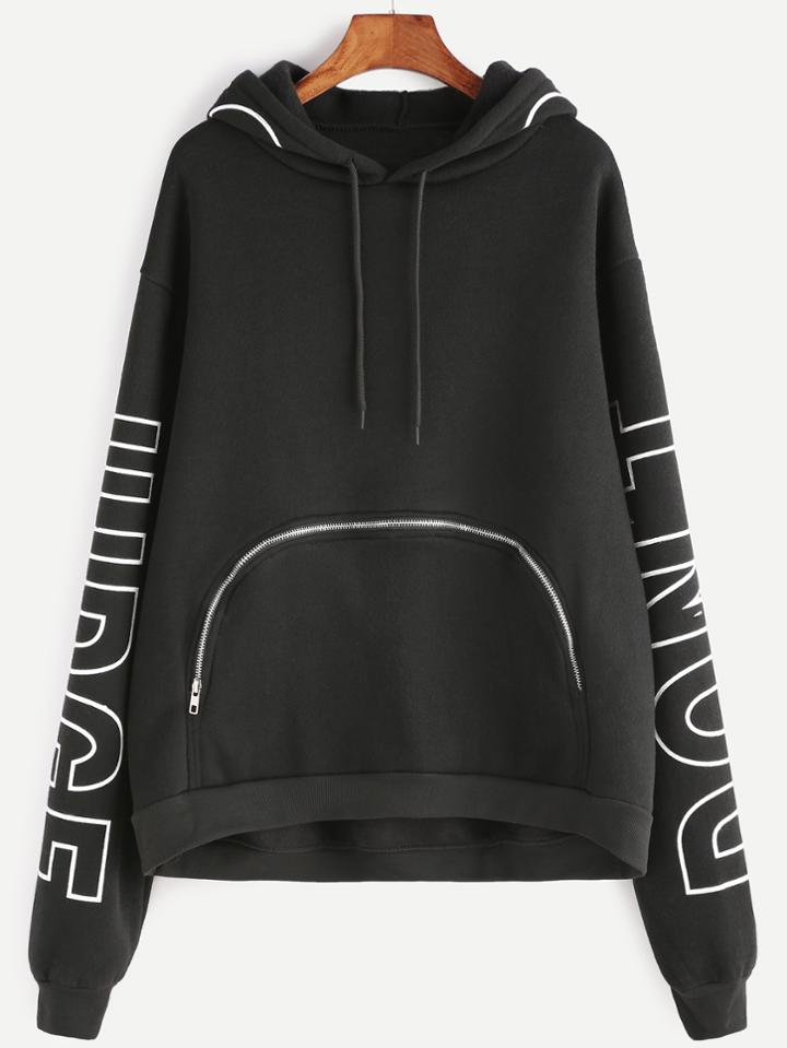 Shein Black Hooded Drop Shoulder Letter Print Dip Hem Sweatshirt
