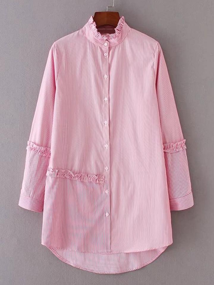 Shein Frill Detail High Low Pinstriped Shirt Dress
