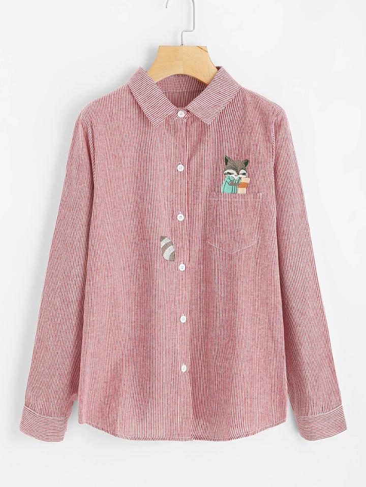 Shein Fox Embroidery Front Pocket Striped Blouse