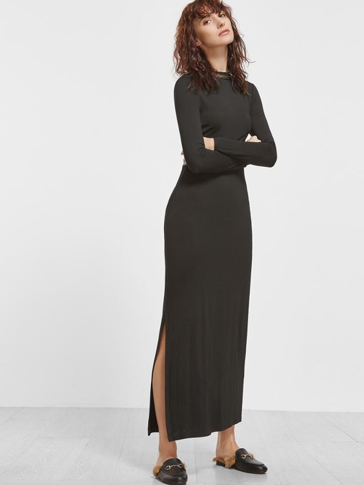 Shein Black Crew Neck Slit Long Dress