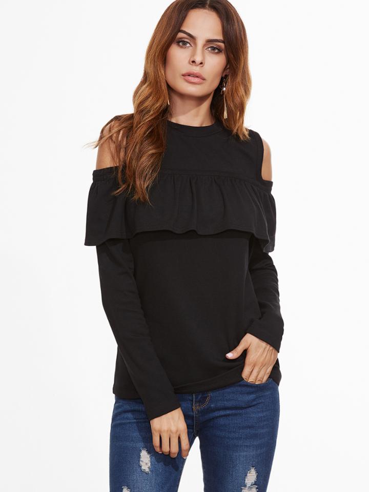 Shein Black Open Shoulder Ruffle T-shirt