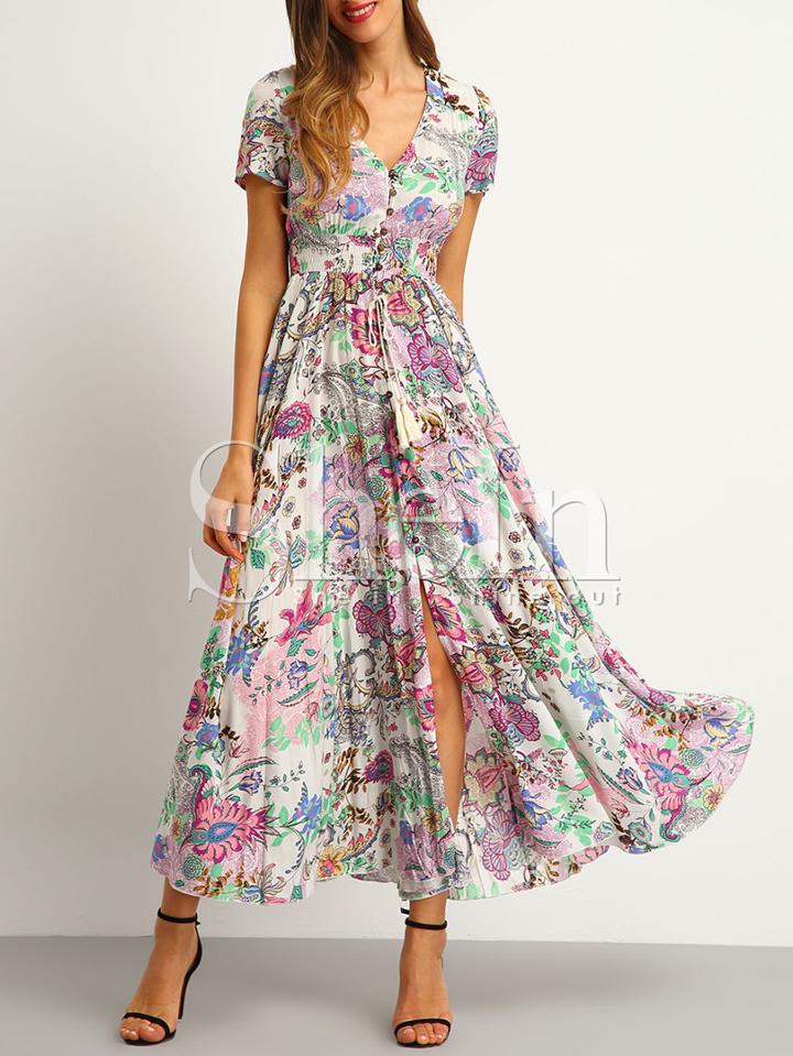 Shein Button Split Front Flare Maxi Dress