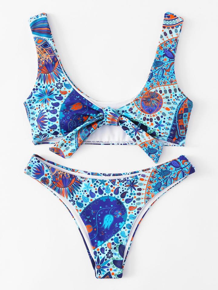 Shein Knot Front Mixed Print Bikini Set