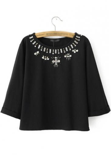 Rosewe Chic Three Quarter Sleeve Black T Shirt With Rhinestone