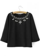 Rosewe Chic Three Quarter Sleeve Black T Shirt With Rhinestone
