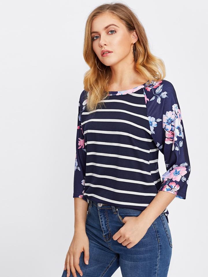 Shein Floral Raglan Sleeve Curved Striped Tee