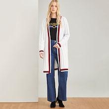 Shein Open Front Striped Trim Longline Cardigan