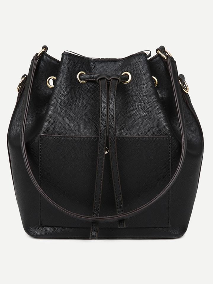 Shein Black Faux Leather Drawstring Bucket Bag