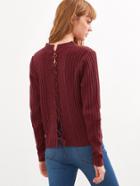 Shein Burgundy Ribbed Lace Up Back Sweater
