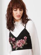 Shein Black Embroidered Flower Applique Crop Velvet Cami Top