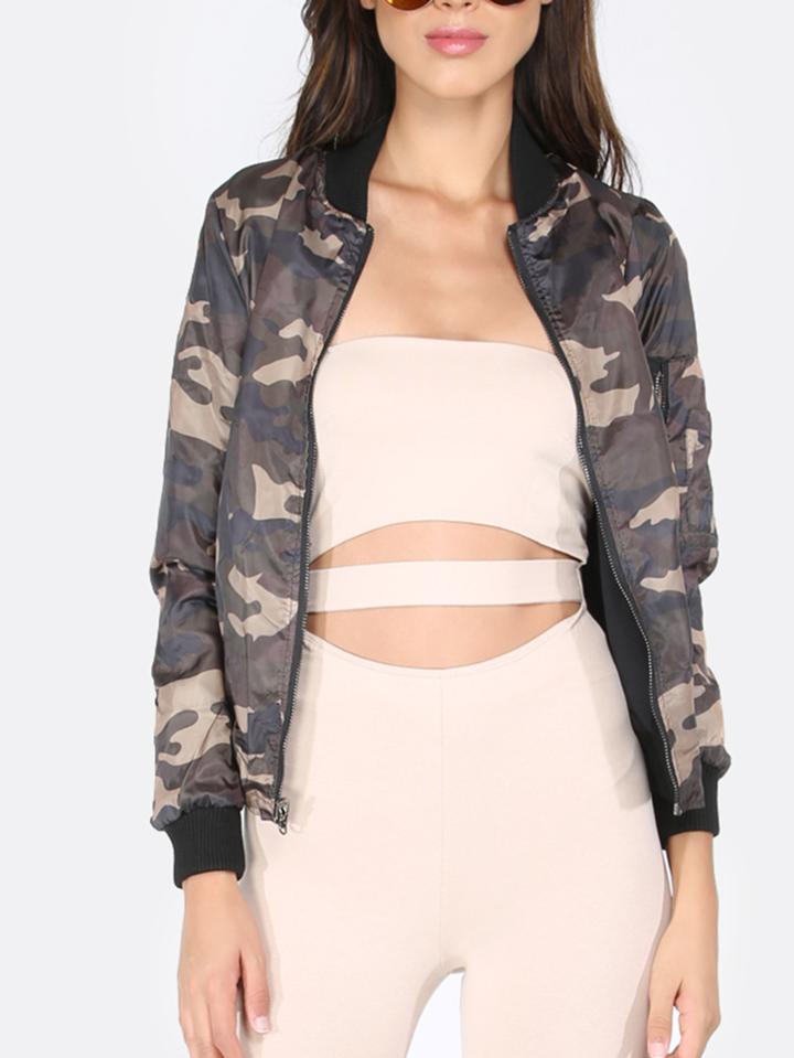Shein Camouflage Casual Zipper Pocket Long Sleeve Jacket