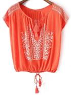 Shein Red Tie Neck Tassel Embroidery Blouse