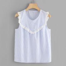 Shein Lace Applique Buttoned Striped Blouse