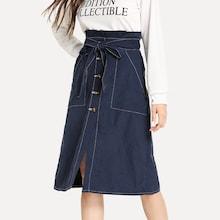 Shein Contrast Stitch Button Up Belted Skirt